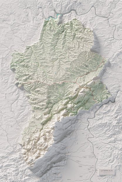 Mapa de relleu de la Terra Alta, amb el territori en color i l’entorn en blanc. Vista completa de la làmina. 61 × 91 cm. Estil Cartogràfic.