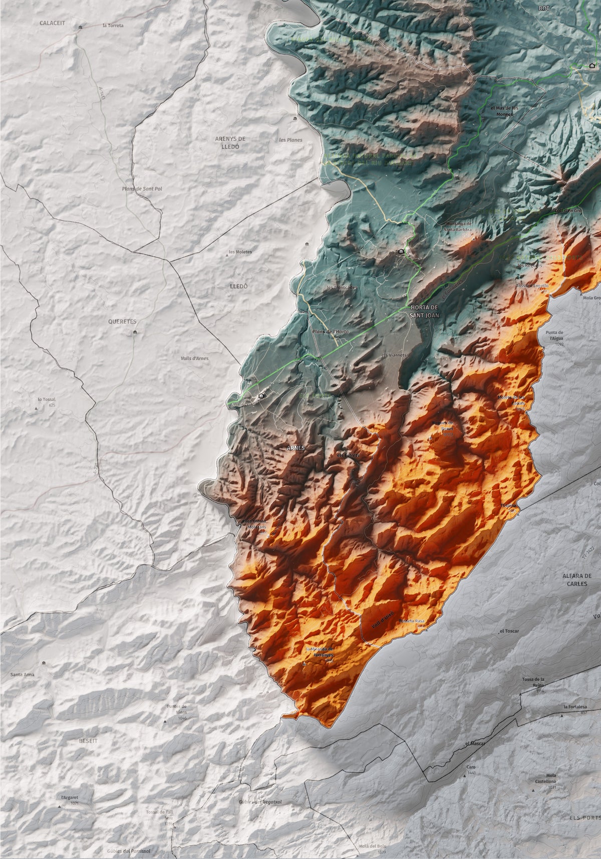 Mapa de relleu de la Terra Alta, amb el territori en color i l’entorn en blanc. Detall de la part inferior esquerra. 70 × 100 cm. Estil Blau i taronja.