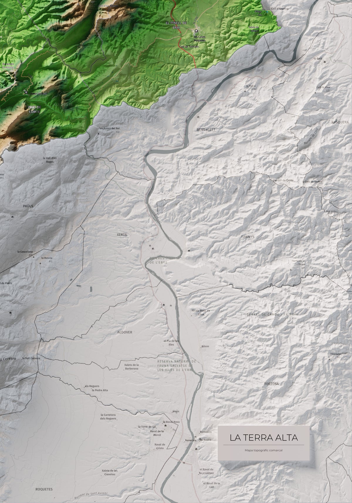 Mapa de relleu de la Terra Alta, amb el territori en color i l’entorn en blanc. Detall de la part inferior dreta. 70 × 100 cm. Estil Clàssic.