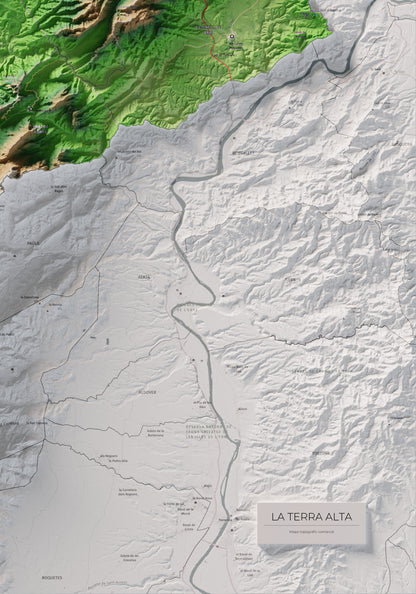 Mapa de relleu de la Terra Alta, amb el territori en color i l’entorn en blanc. Detall de la part inferior dreta. 70 × 100 cm. Estil Clàssic.