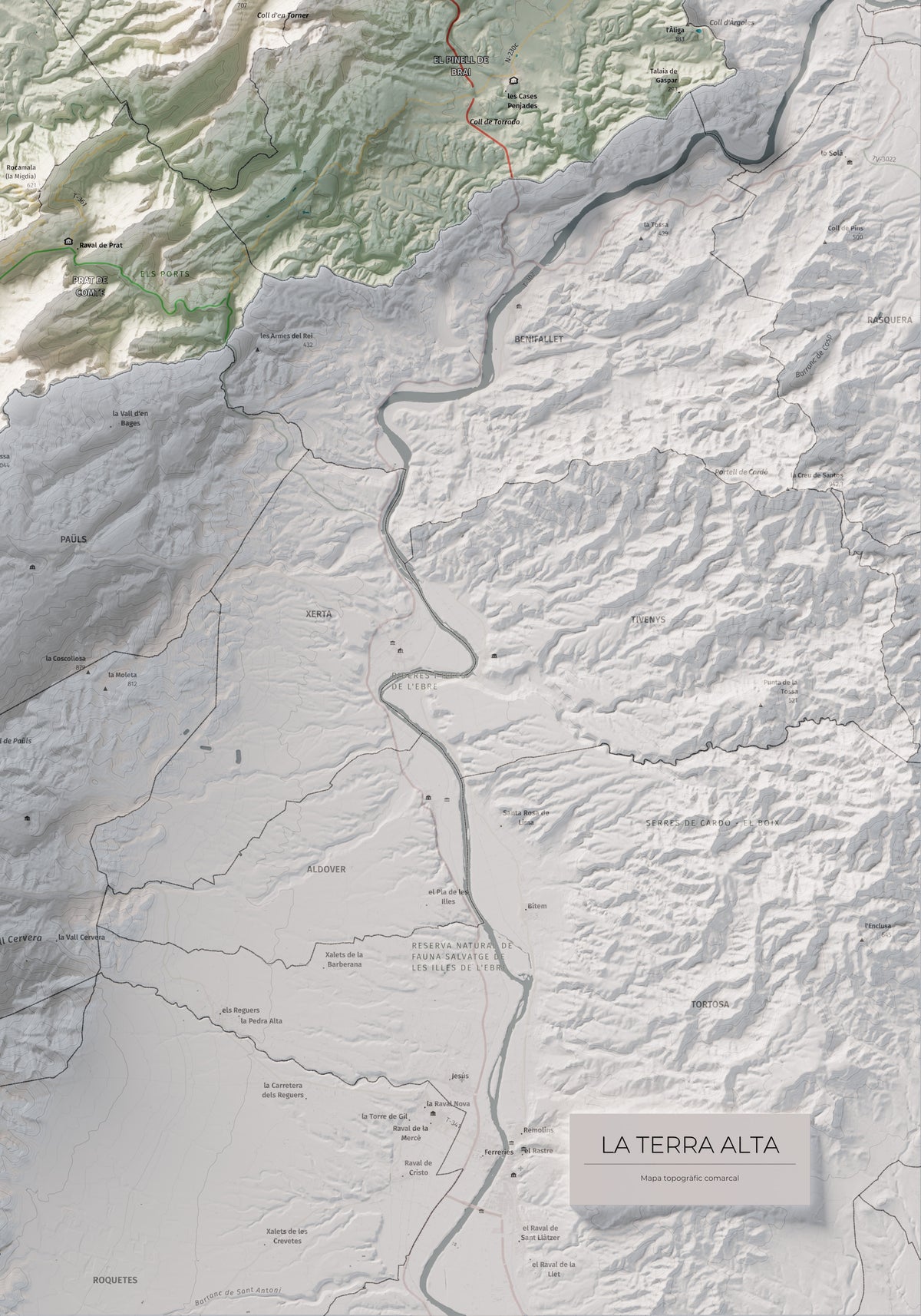 Mapa de relleu de la Terra Alta, amb el territori en color i l’entorn en blanc. Detall de la part inferior dreta. 70 × 100 cm. Estil Cartogràfic.