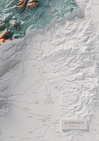 Mapa de relleu de la Terra Alta, amb el territori en color i l’entorn en blanc. Detall de la part inferior dreta. 70 × 100 cm. Estil Blau i taronja.