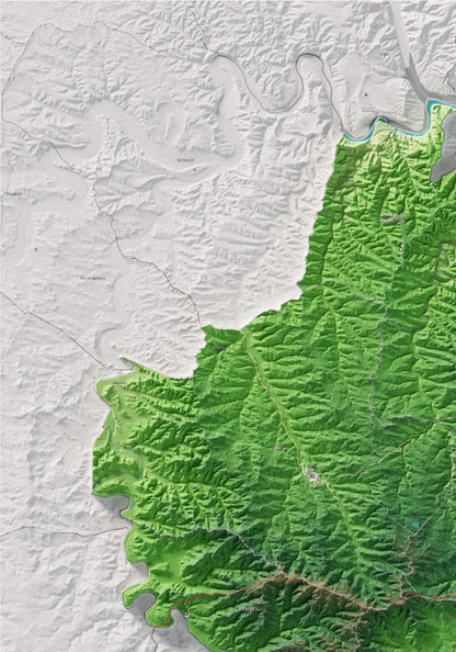 Mapa de relleu de la Terra Alta, amb el territori en color i l’entorn en blanc. Detall de la part superior esquerra. 70 × 100 cm. Estil Clàssic.