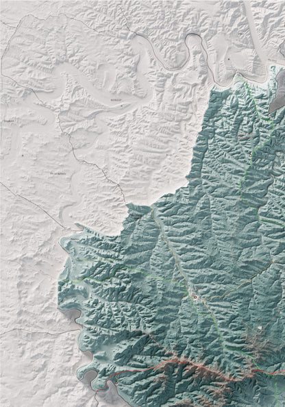 Mapa de relleu de la Terra Alta, amb el territori en color i l’entorn en blanc. Detall de la part superior esquerra. 70 × 100 cm. Estil Blau i taronja.