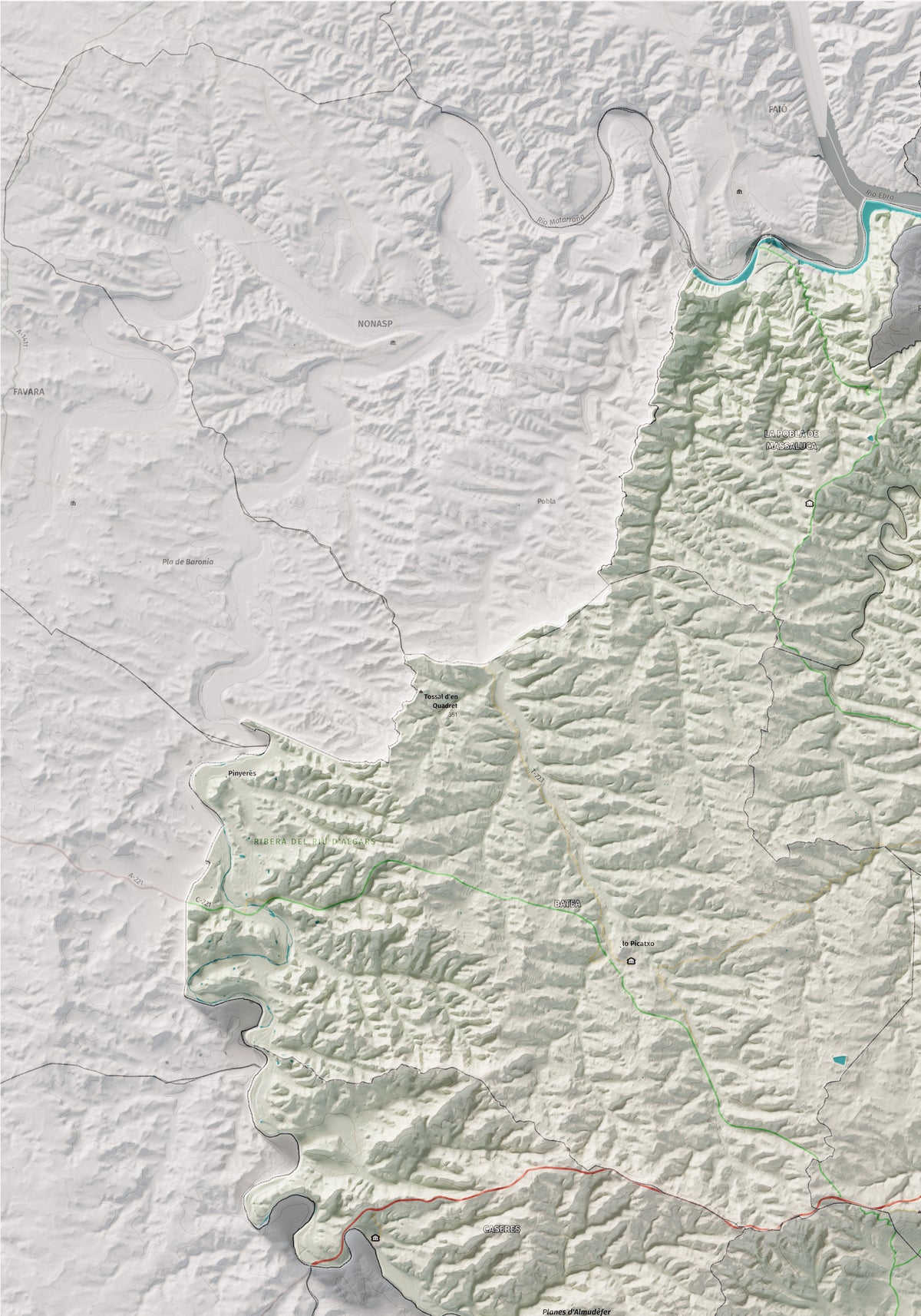 Mapa de relleu de la Terra Alta, amb el territori en color i l’entorn en blanc. Detall de la part superior esquerra. 70 × 100 cm. Estil Cartogràfic.