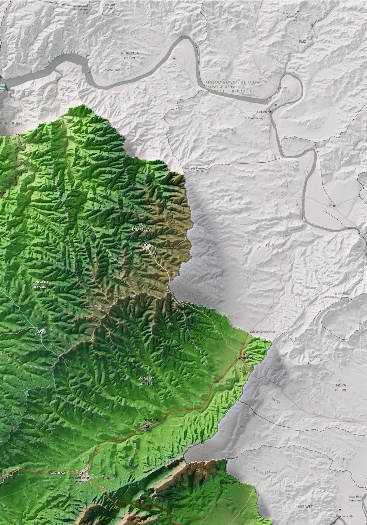 Mapa de relleu de la Terra Alta, amb el territori en color i l’entorn en blanc. Detall de la part superior dreta. 70 × 100 cm. Estil Clàssic.