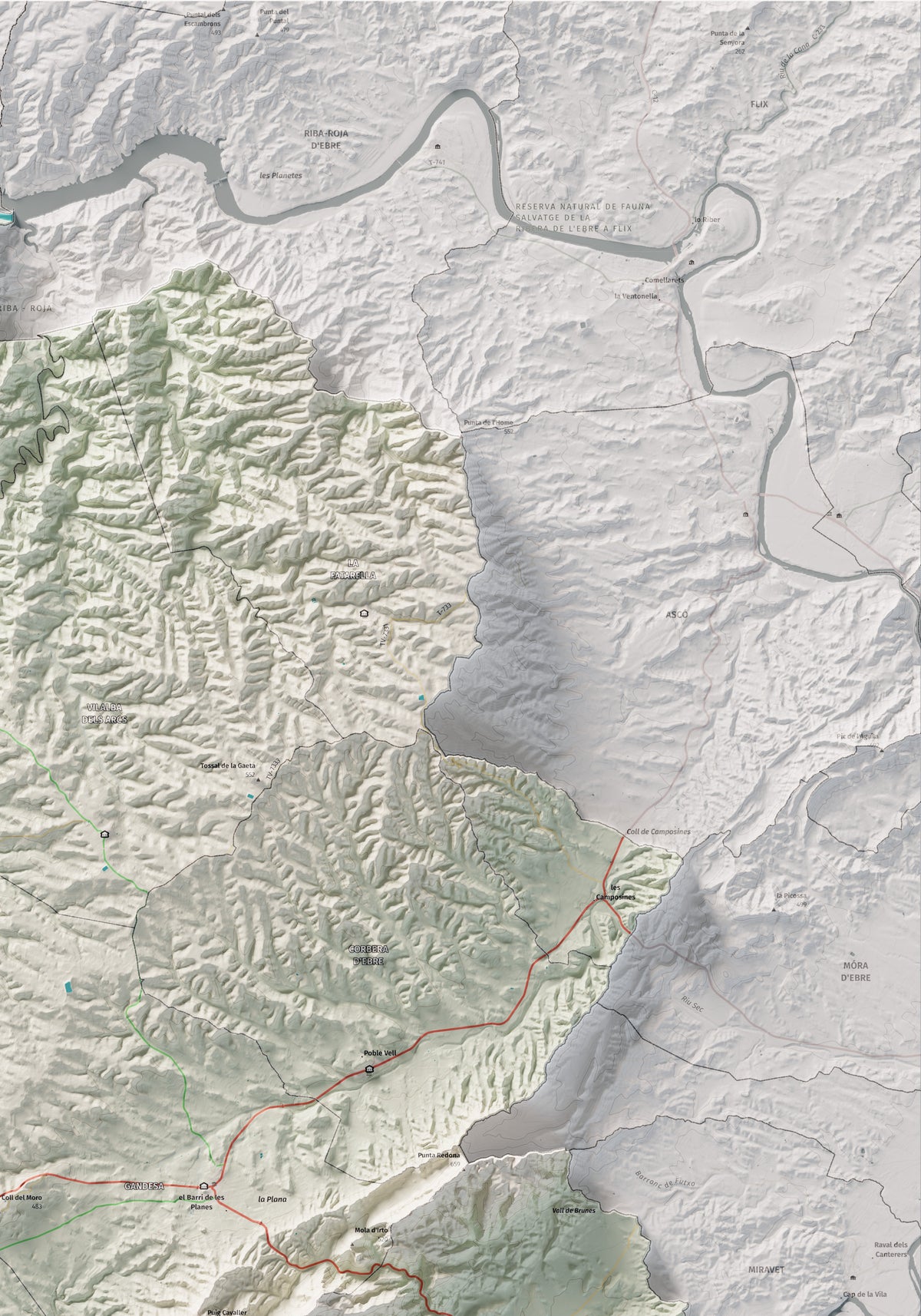 Mapa de relleu de la Terra Alta, amb el territori en color i l’entorn en blanc. Detall de la part superior dreta. 70 × 100 cm. Estil Cartogràfic.
