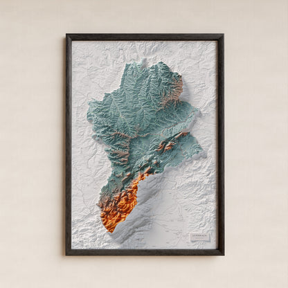 Mapa de relleu de la Terra Alta, amb el territori en color i l’entorn en blanc. Presentació amb marc. 70 × 100 cm. Estil Blau i taronja.