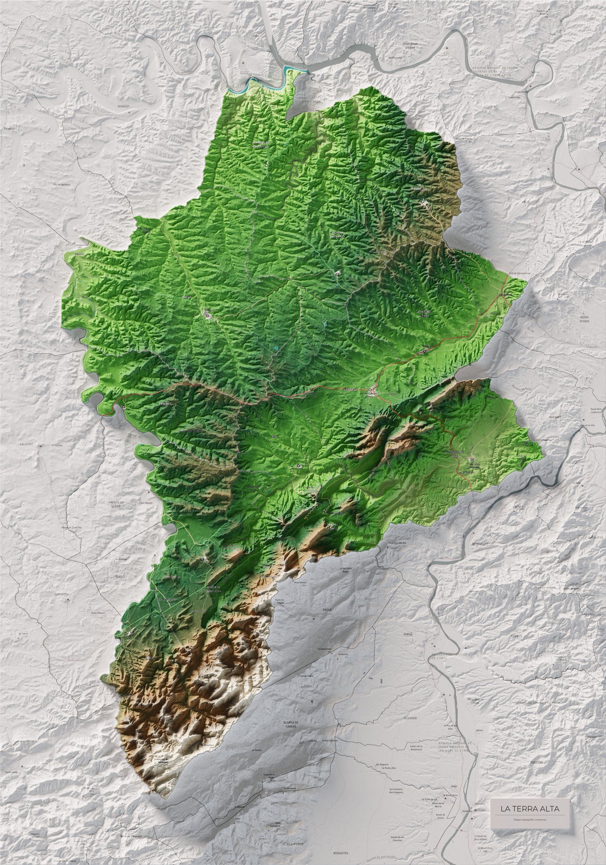 Mapa de relleu de la Terra Alta, amb el territori en color i l’entorn en blanc. Vista completa de la làmina. 70 × 100 cm. Estil Clàssic.