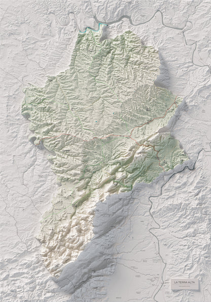 Mapa de relleu de la Terra Alta, amb el territori en color i l’entorn en blanc. Vista completa de la làmina. 70 × 100 cm. Estil Cartogràfic.