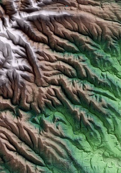Mapa artístico del relieve de Terrades, al Alt Empordà, con 15 km de entorno y base topográfica ICGC. Detalle de la zona inferior izquierda.