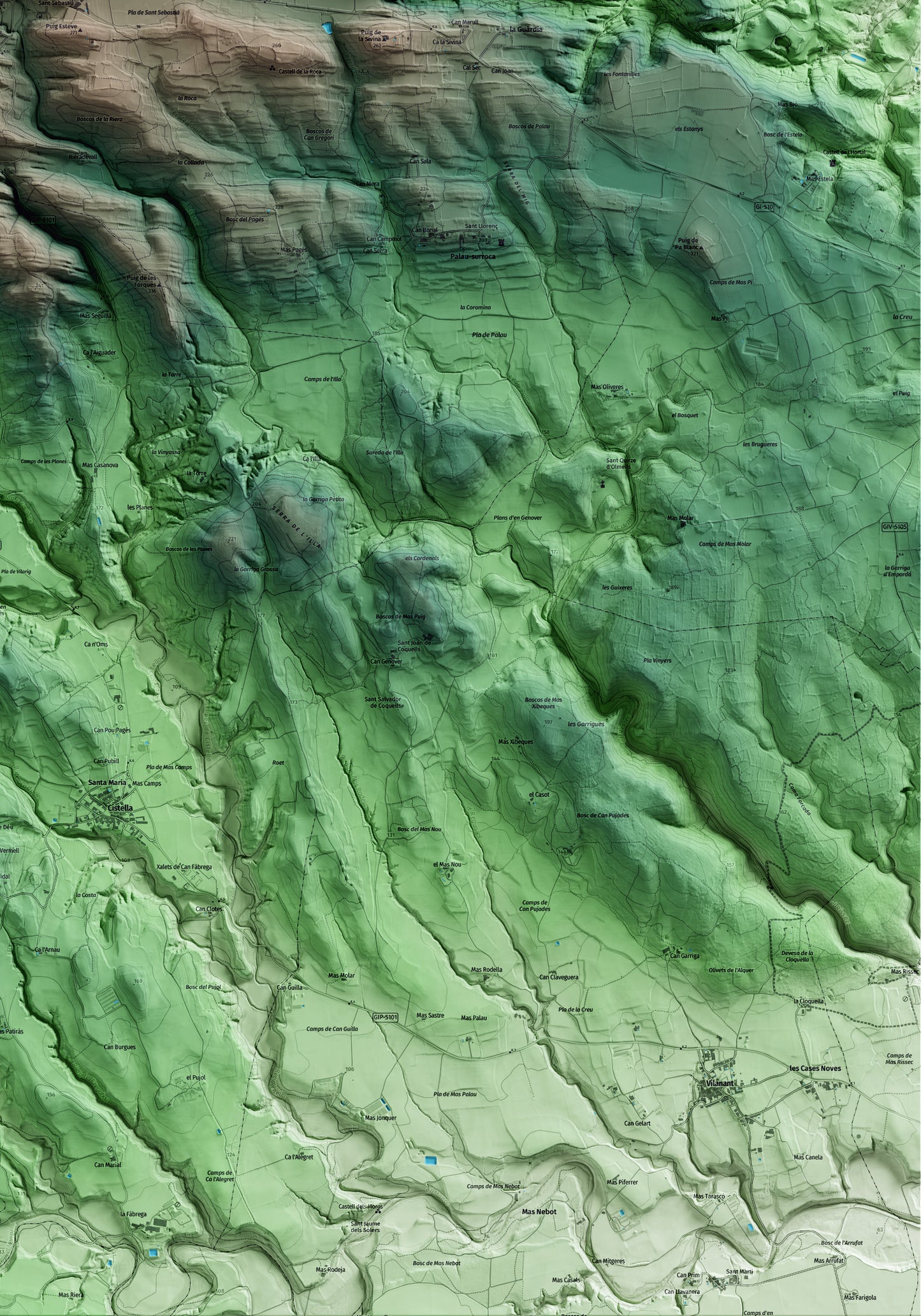 Mapa artístico del relieve de Terrades, al Alt Empordà, con 15 km de entorno y base topográfica ICGC. Detalle de la zona inferior derecha.