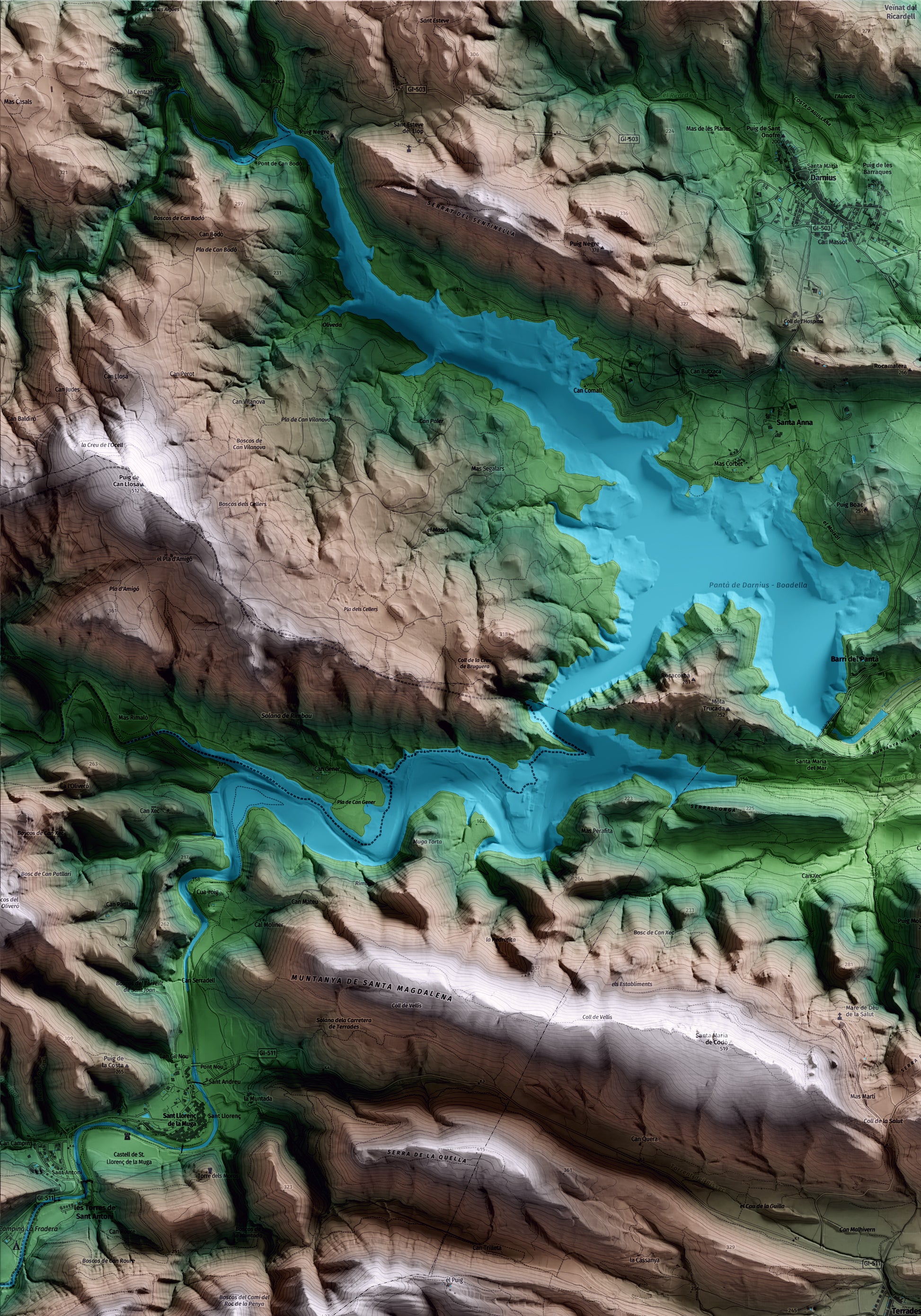 Mapa artístico del relieve de Terrades, al Alt Empordà, con 15 km de entorno y base topográfica ICGC. Detalle de la zona superior izquierda.