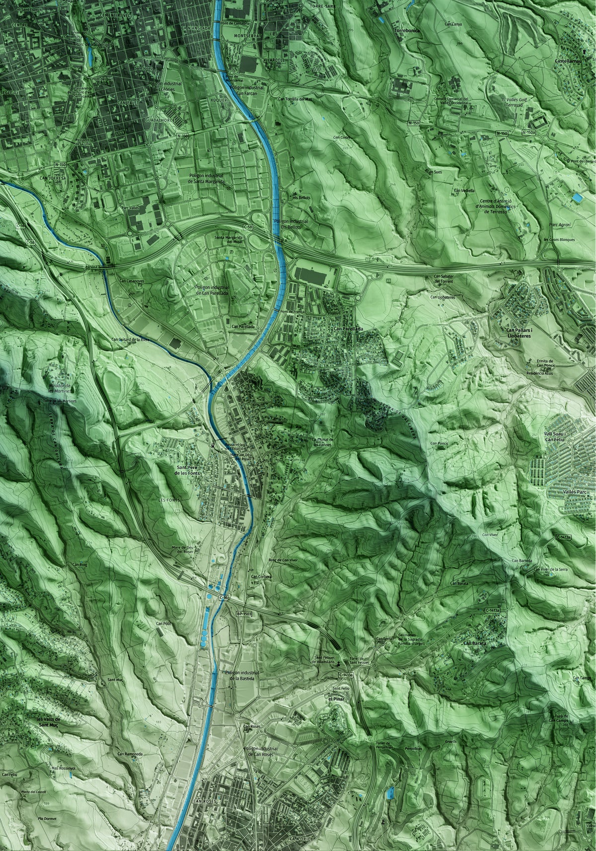 Mapa artístico del relieve de Terrassa, al Vallès Occidental, con 15 km de entorno y base topográfica ICGC. Detalle de la zona inferior derecha.