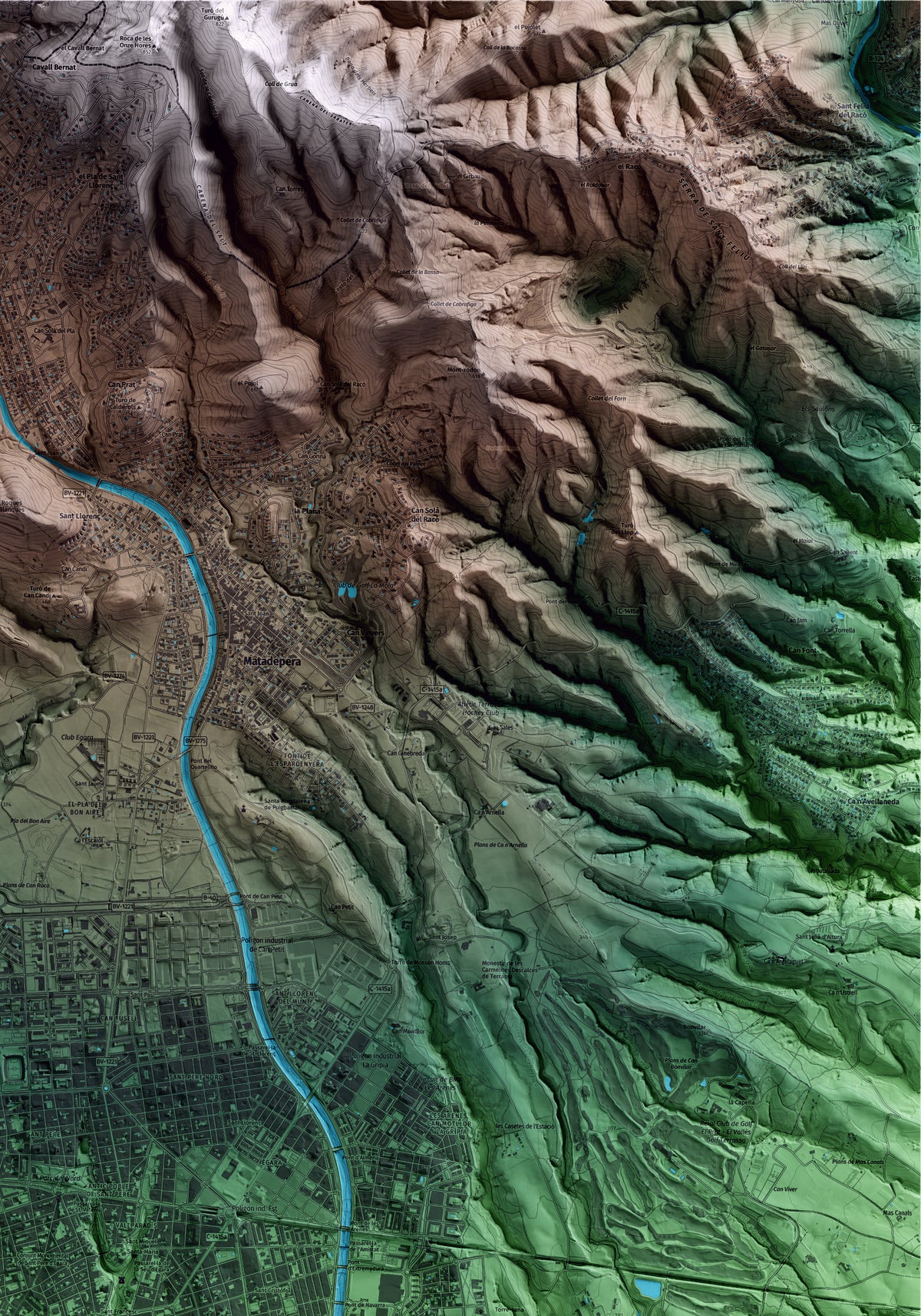 Mapa artístico del relieve de Terrassa, al Vallès Occidental, con 15 km de entorno y base topográfica ICGC. Detalle de la zona superior derecha.