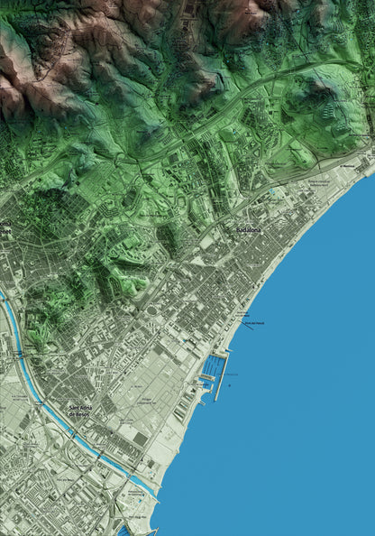 Mapa artístico del relieve de Tiana, al Maresme, con 15 km de entorno y base topográfica ICGC. Detalle de la zona inferior izquierda.