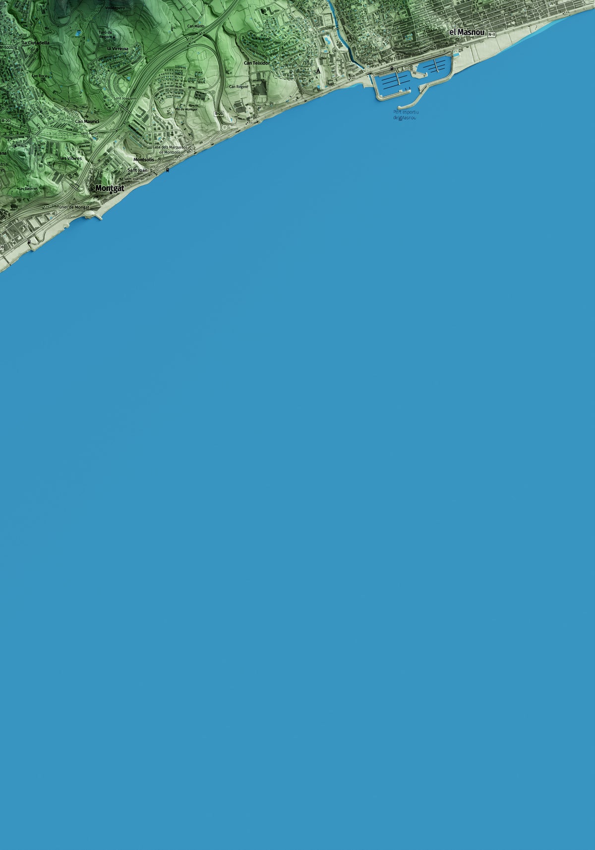 Mapa artístico del relieve de Tiana, al Maresme, con 15 km de entorno y base topográfica ICGC. Detalle de la zona inferior derecha.