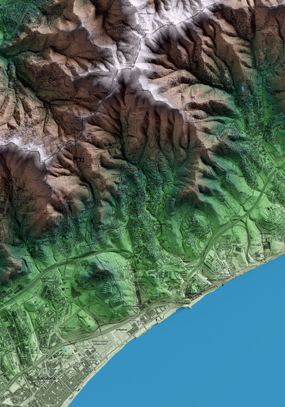 Mapa artístico del relieve de Tiana, al Maresme, con 15 km de entorno y base topográfica ICGC. Detalle de la zona central.
