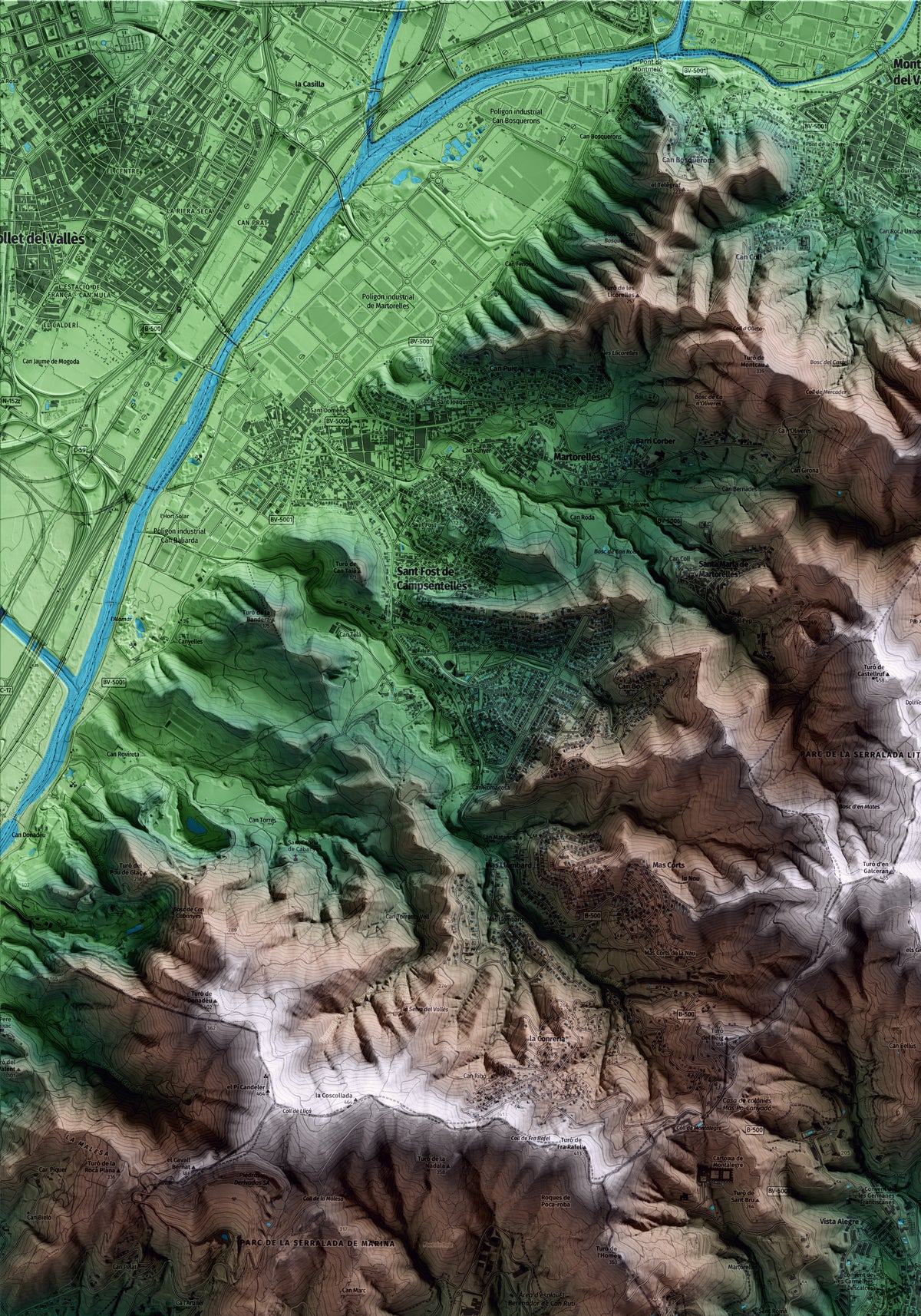 Mapa artístico del relieve de Tiana, al Maresme, con 15 km de entorno y base topográfica ICGC. Detalle de la zona superior izquierda.