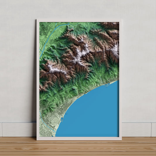 Mapa artístico del relieve de Tiana, al Maresme, con 15 km de entorno y base topográfica ICGC. Presentación enmarcada.