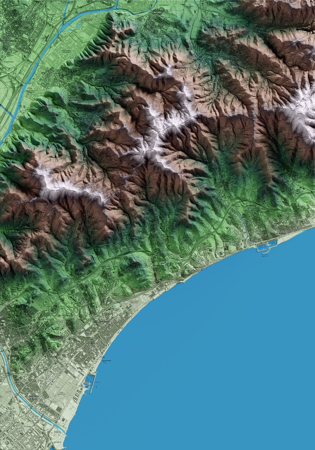 Mapa artístico del relieve de Tiana, al Maresme, con 15 km de entorno y base topográfica ICGC