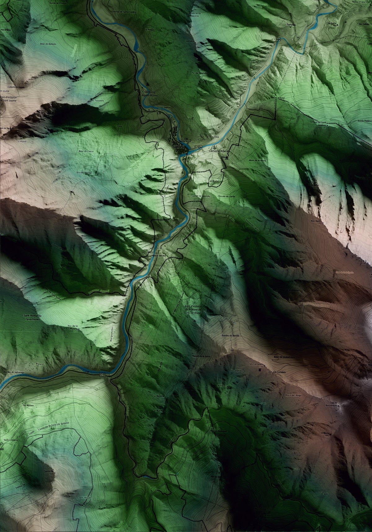 Mapa artístico del relieve de Tírvia, al Pallars Sobirà, con 15 km de entorno y base topográfica ICGC. Detalle de la zona inferior izquierda.