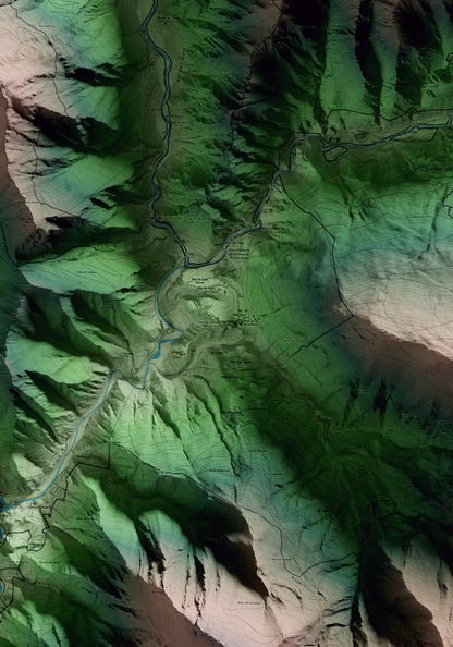 Mapa artístico del relieve de Tírvia, al Pallars Sobirà, con 15 km de entorno y base topográfica ICGC. Detalle de la zona central.