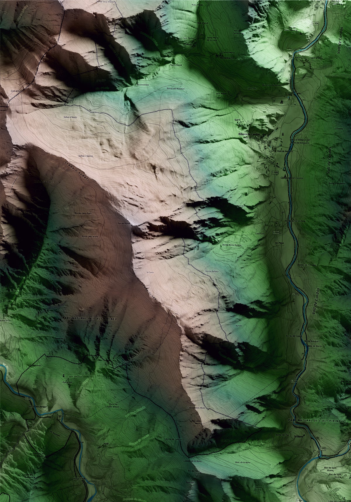 Mapa artístico del relieve de Tírvia, al Pallars Sobirà, con 15 km de entorno y base topográfica ICGC. Detalle de la zona superior izquierda.
