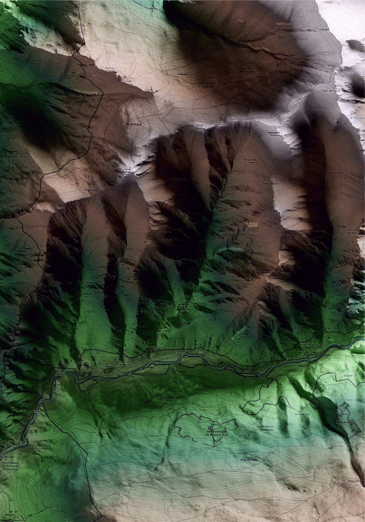 Mapa artístico del relieve de Tírvia, al Pallars Sobirà, con 15 km de entorno y base topográfica ICGC. Detalle de la zona superior derecha.