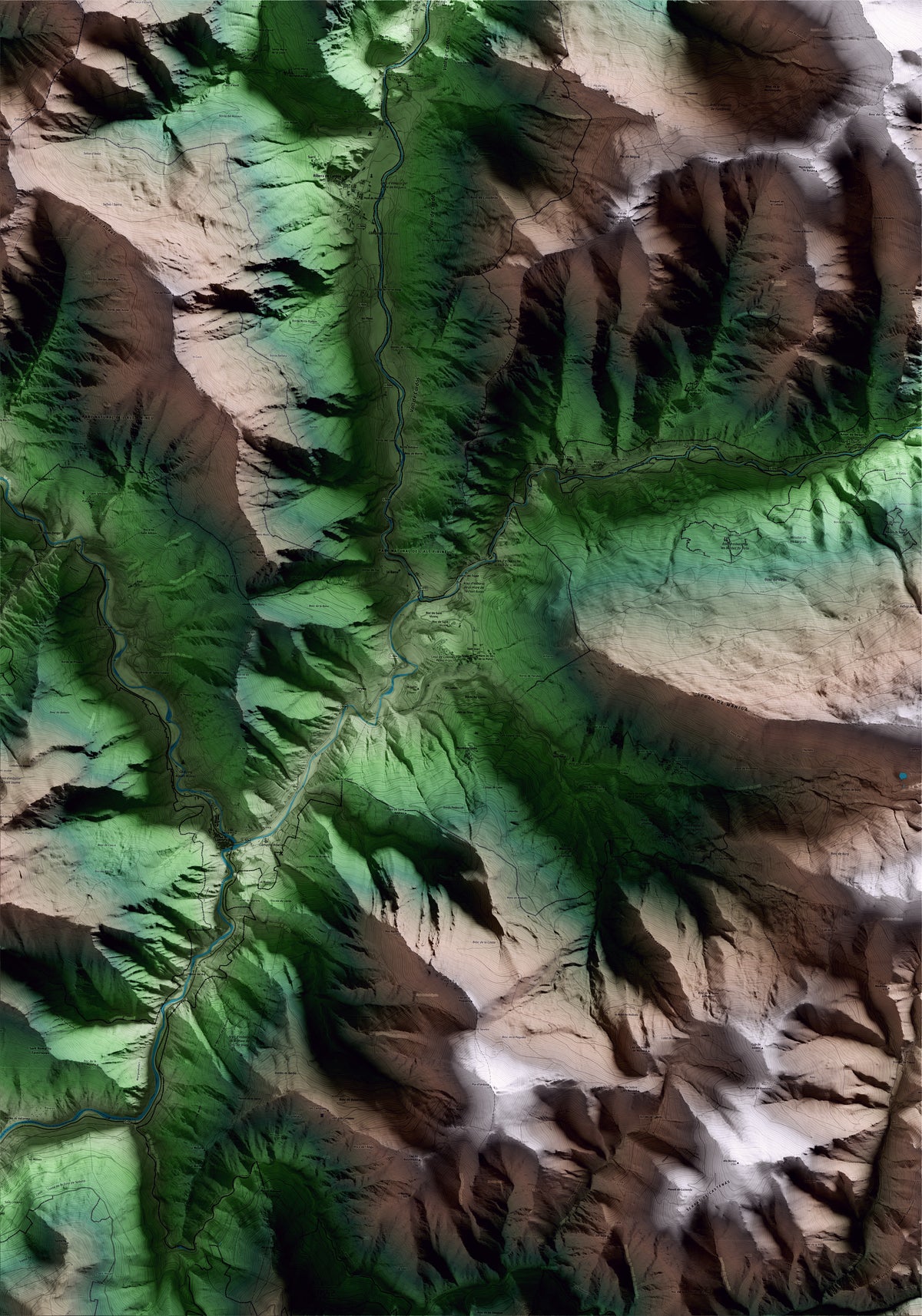 Mapa artístico del relieve de Tírvia, al Pallars Sobirà, con 15 km de entorno y base topográfica ICGC