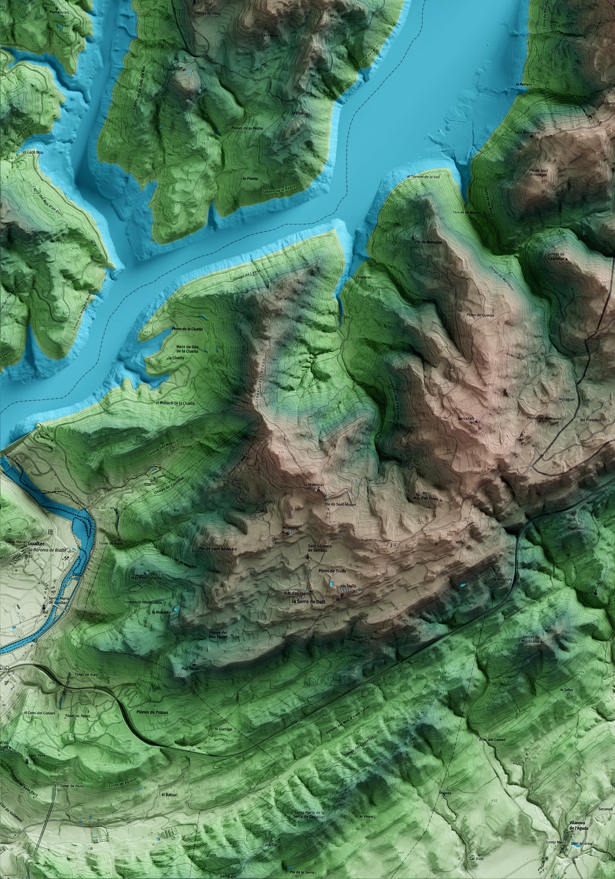 Mapa artístico del relieve de Tiurana, a la Noguera, con 15 km de entorno y base topográfica ICGC. Detalle de la zona inferior izquierda.