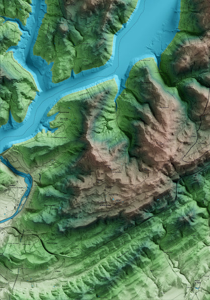 Mapa artístico del relieve de Tiurana, a la Noguera, con 15 km de entorno y base topográfica ICGC. Detalle de la zona inferior izquierda.