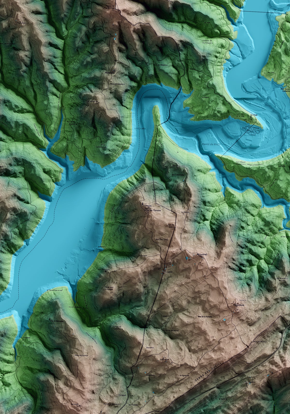 Mapa artístico del relieve de Tiurana, a la Noguera, con 15 km de entorno y base topográfica ICGC. Detalle de la zona central.
