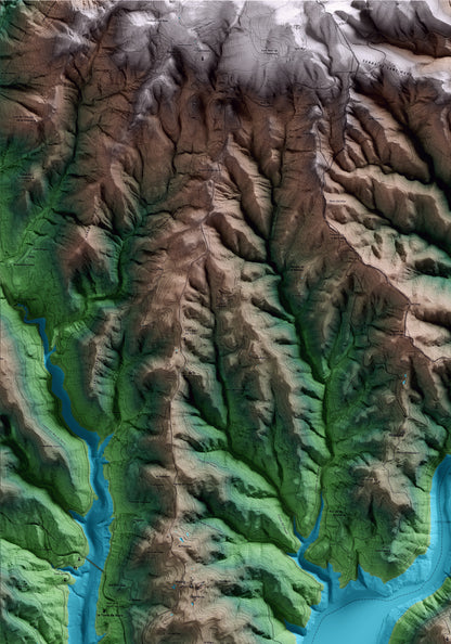 Mapa artístico del relieve de Tiurana, a la Noguera, con 15 km de entorno y base topográfica ICGC. Detalle de la zona superior izquierda.