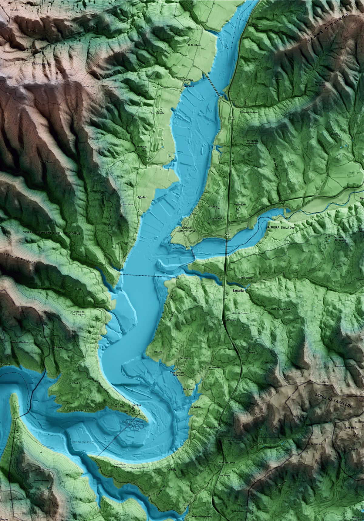 Mapa artístico del relieve de Tiurana, a la Noguera, con 15 km de entorno y base topográfica ICGC. Detalle de la zona superior derecha.