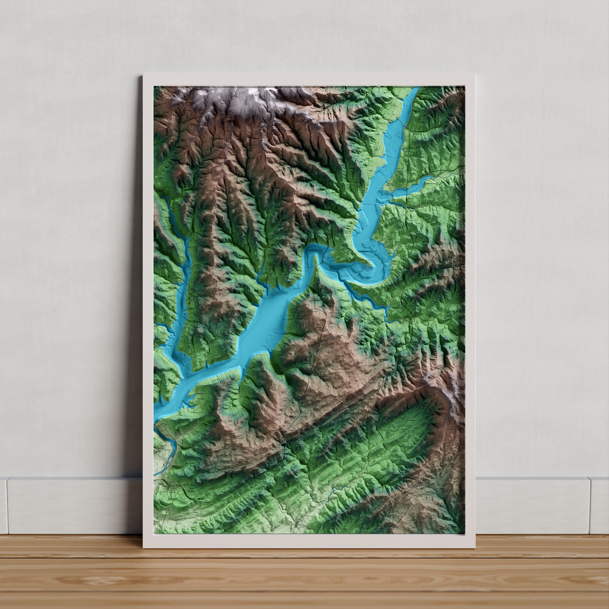 Mapa artístico del relieve de Tiurana, a la Noguera, con 15 km de entorno y base topográfica ICGC. Presentación enmarcada.