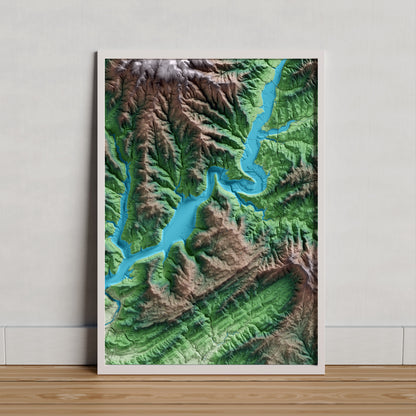 Mapa artístico del relieve de Tiurana, a la Noguera, con 15 km de entorno y base topográfica ICGC. Presentación enmarcada.