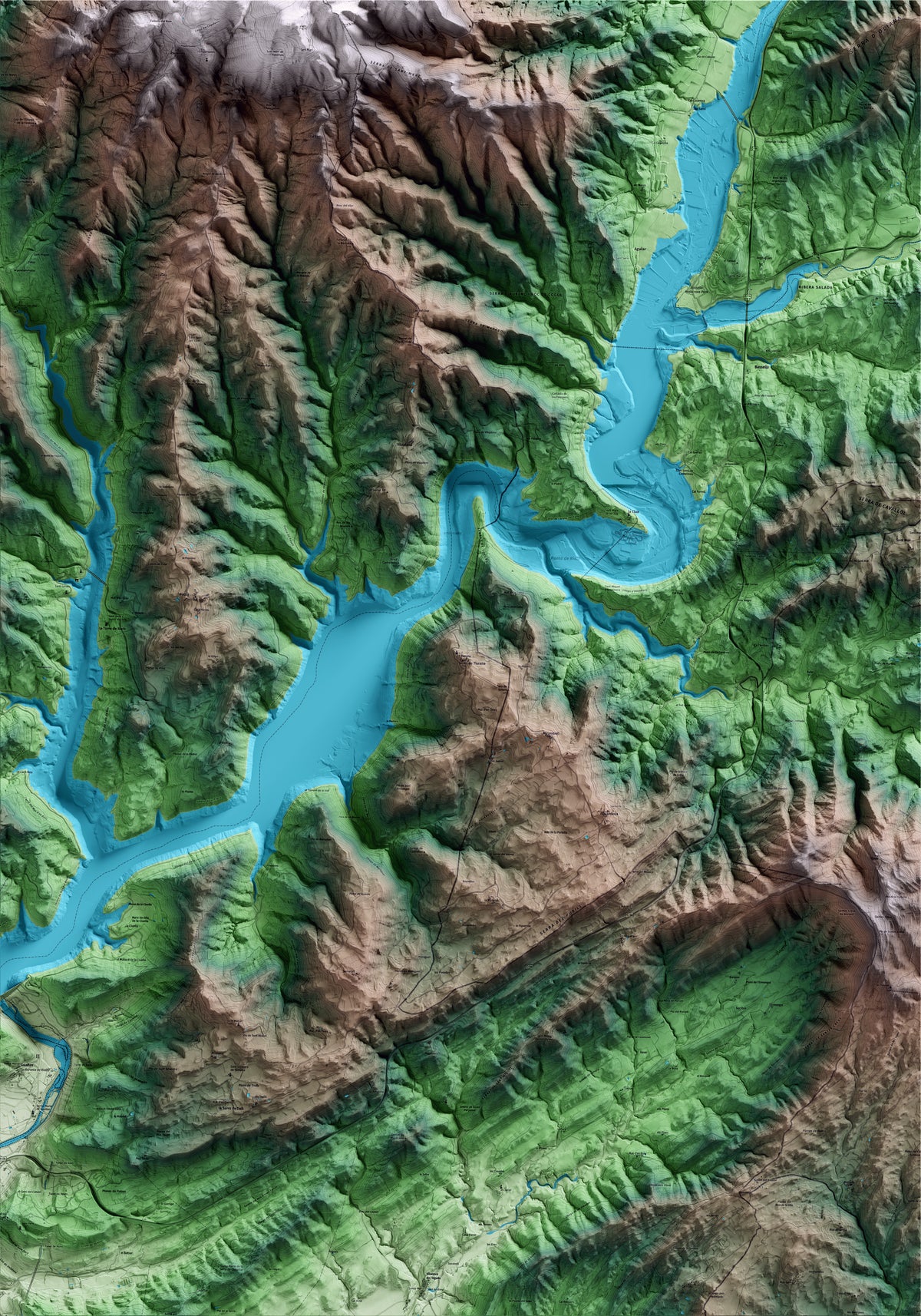 Mapa artístico del relieve de Tiurana, a la Noguera, con 15 km de entorno y base topográfica ICGC