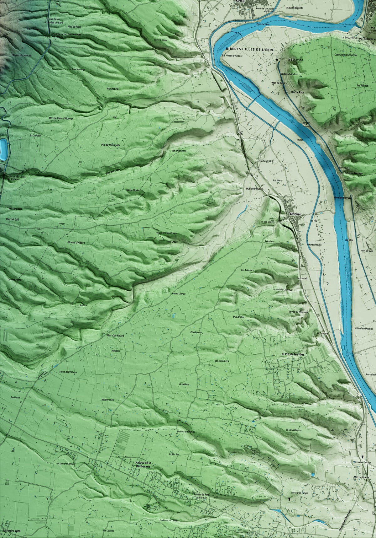 Mapa artístico del relieve de Tivenys, al Baix Ebre, con 15 km de entorno y base topográfica ICGC. Detalle de la zona inferior izquierda.