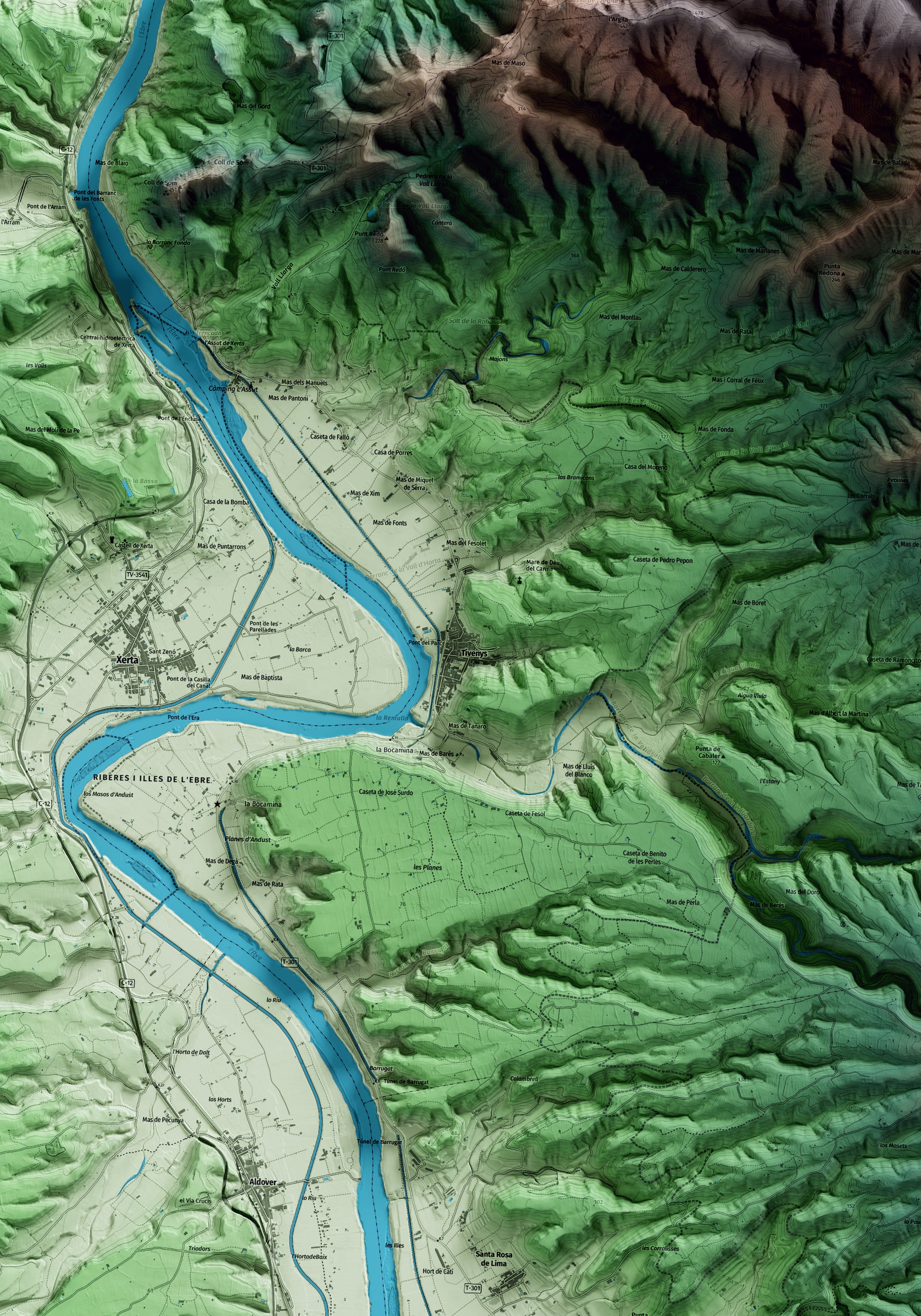 Mapa artístico del relieve de Tivenys, al Baix Ebre, con 15 km de entorno y base topográfica ICGC. Detalle de la zona central.