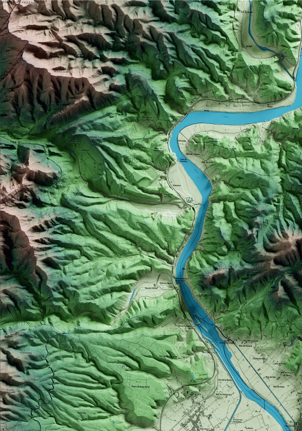 Mapa artístico del relieve de Tivenys, al Baix Ebre, con 15 km de entorno y base topográfica ICGC. Detalle de la zona superior izquierda.