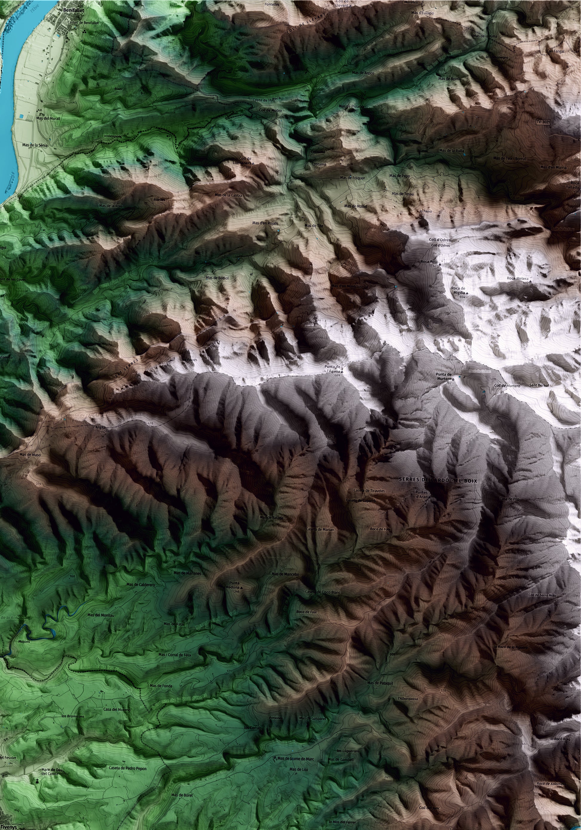 Mapa artístico del relieve de Tivenys, al Baix Ebre, con 15 km de entorno y base topográfica ICGC. Detalle de la zona superior derecha.