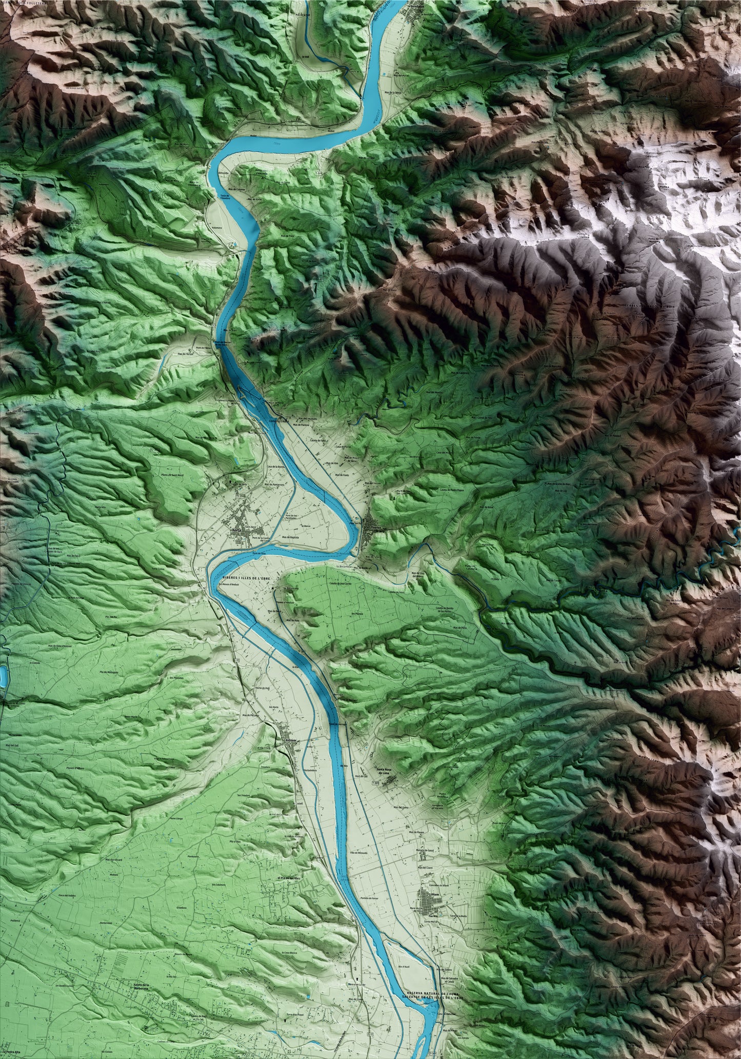 Mapa artístico del relieve de Tivenys, al Baix Ebre, con 15 km de entorno y base topográfica ICGC