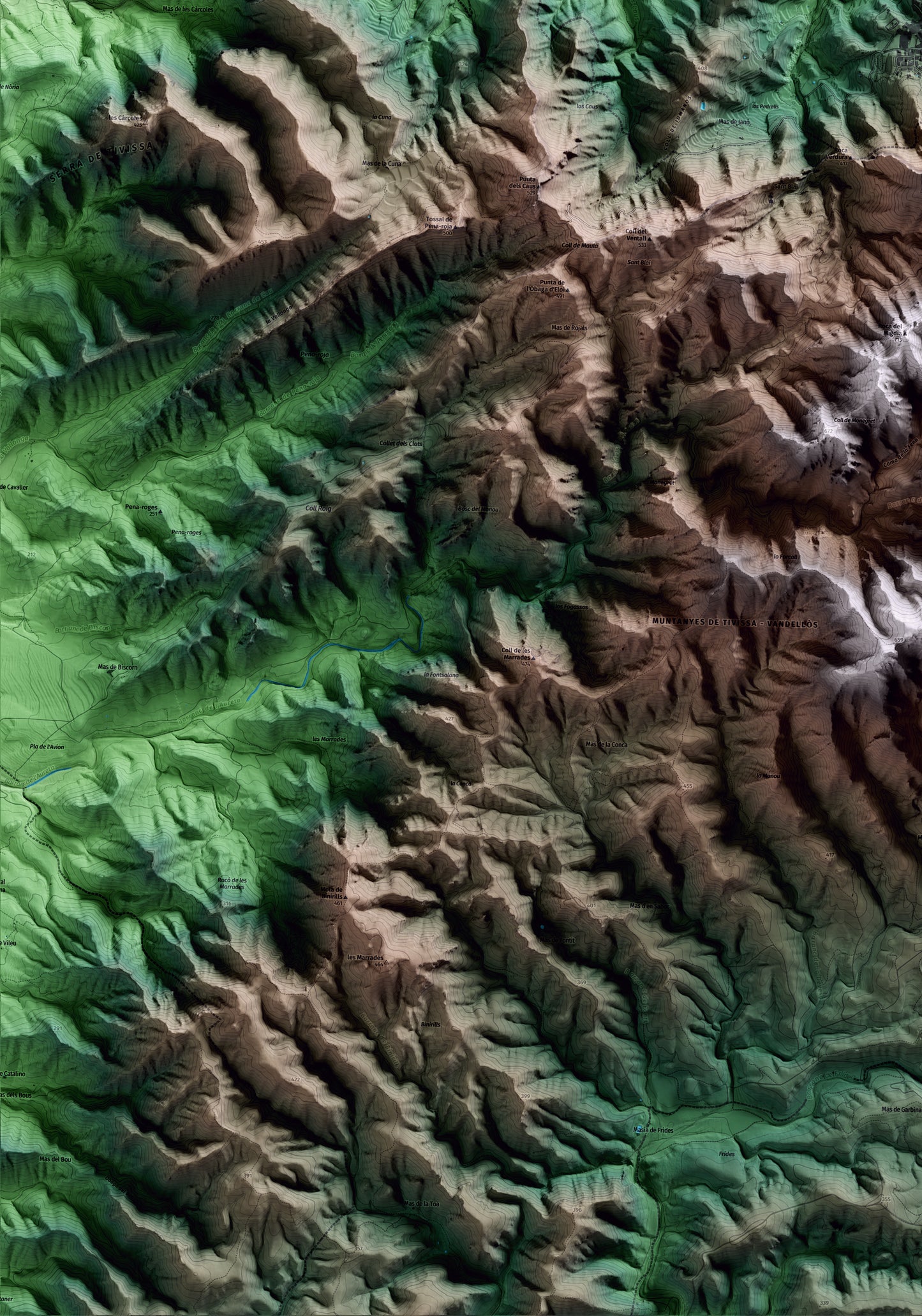 Mapa artístico del relieve de Tivissa, a la Ribera de Ebro, con 15 km de entorno y base topográfica ICGC. Detalle de la zona inferior izquierda.