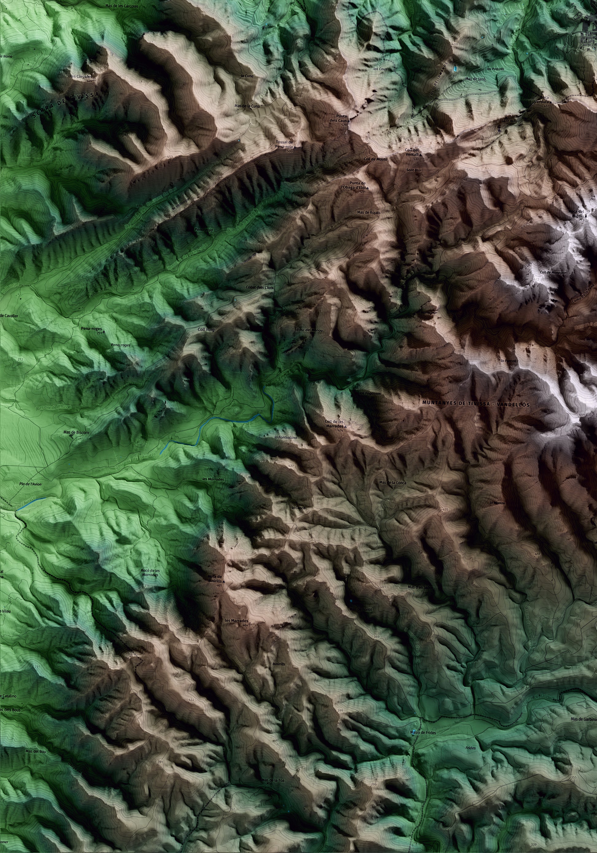 Mapa artístico del relieve de Tivissa, a la Ribera de Ebro, con 15 km de entorno y base topográfica ICGC. Detalle de la zona inferior izquierda.
