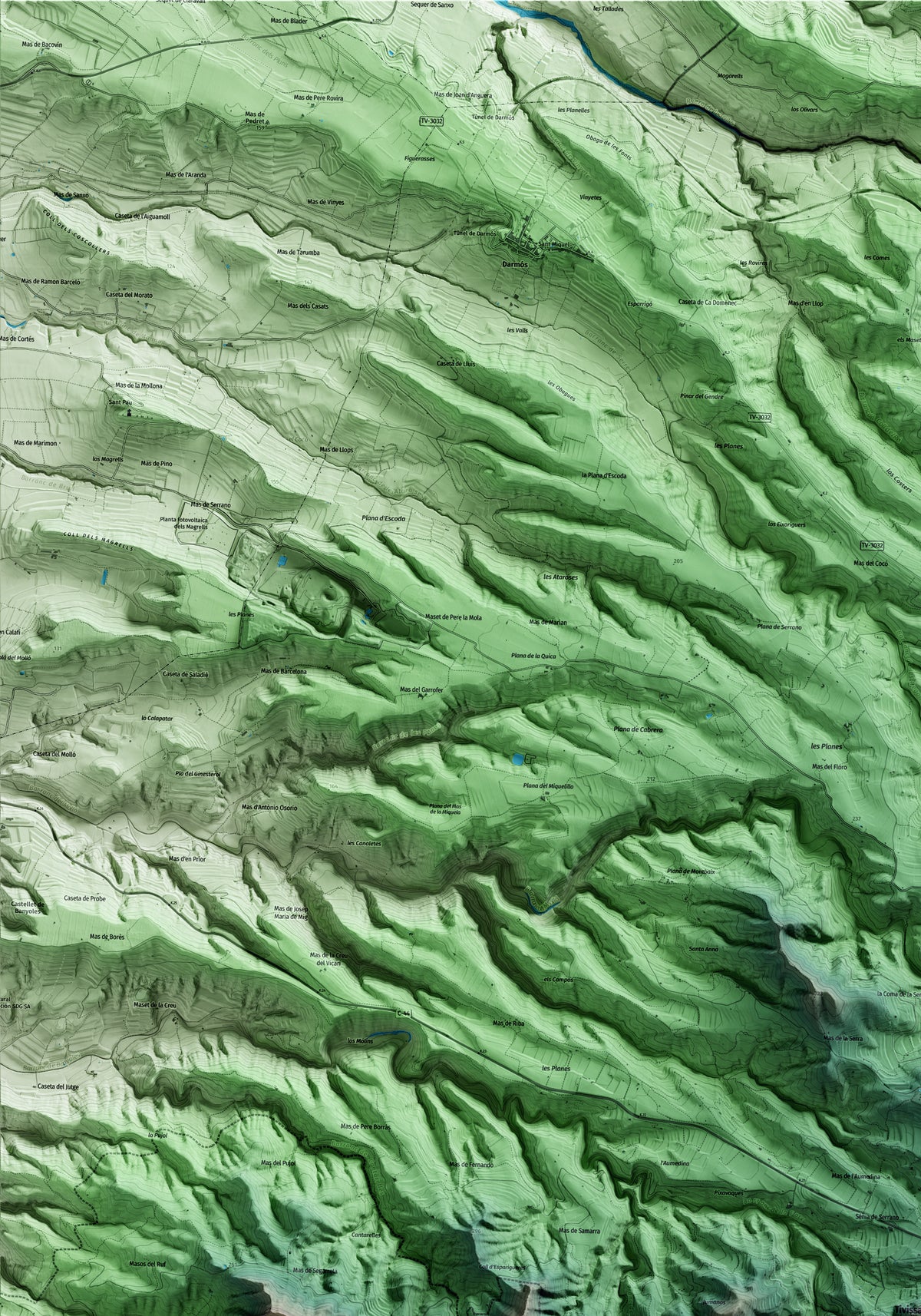 Mapa artístico del relieve de Tivissa, a la Ribera de Ebro, con 15 km de entorno y base topográfica ICGC. Detalle de la zona superior izquierda.