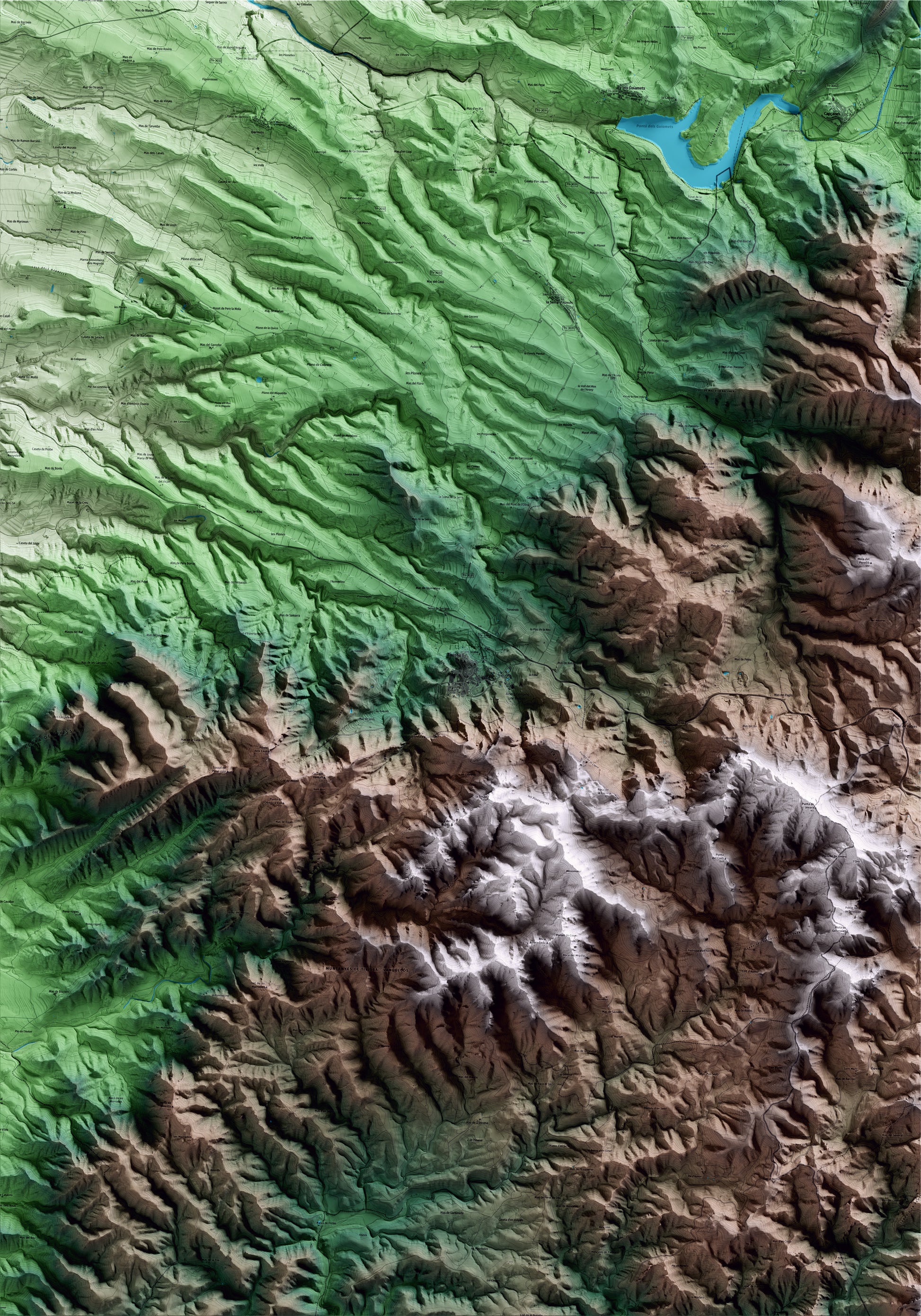 Mapa artístico del relieve de Tivissa, a la Ribera de Ebro, con 15 km de entorno y base topográfica ICGC