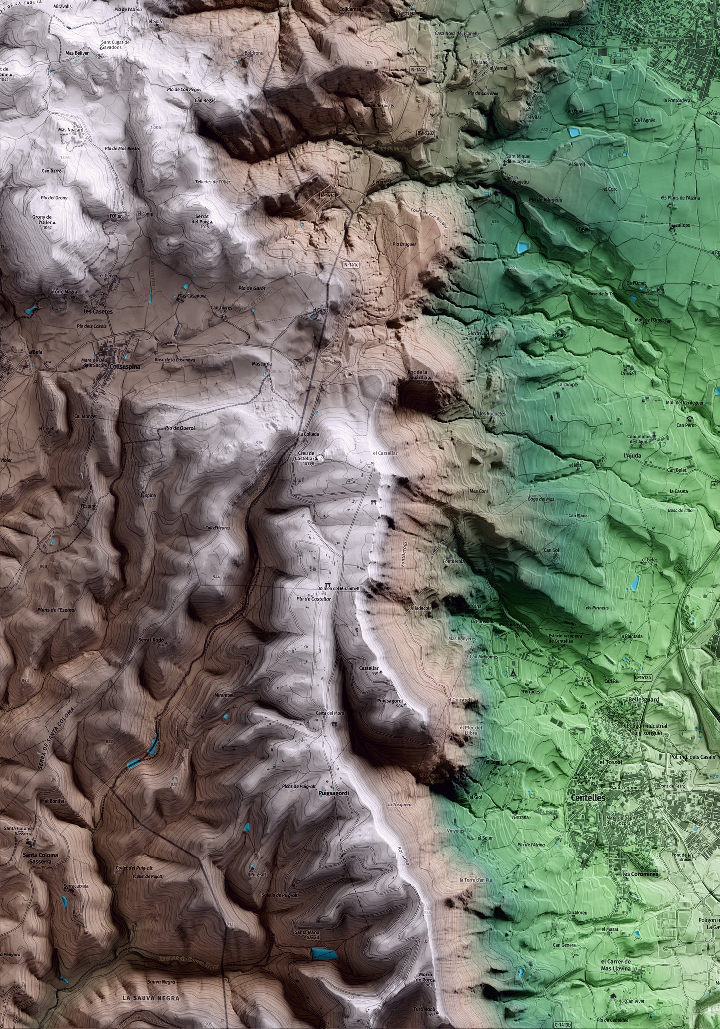 Mapa artístico del relieve de Tona, a Osona, con 15 km de entorno y base topográfica ICGC. Detalle de la zona inferior izquierda.