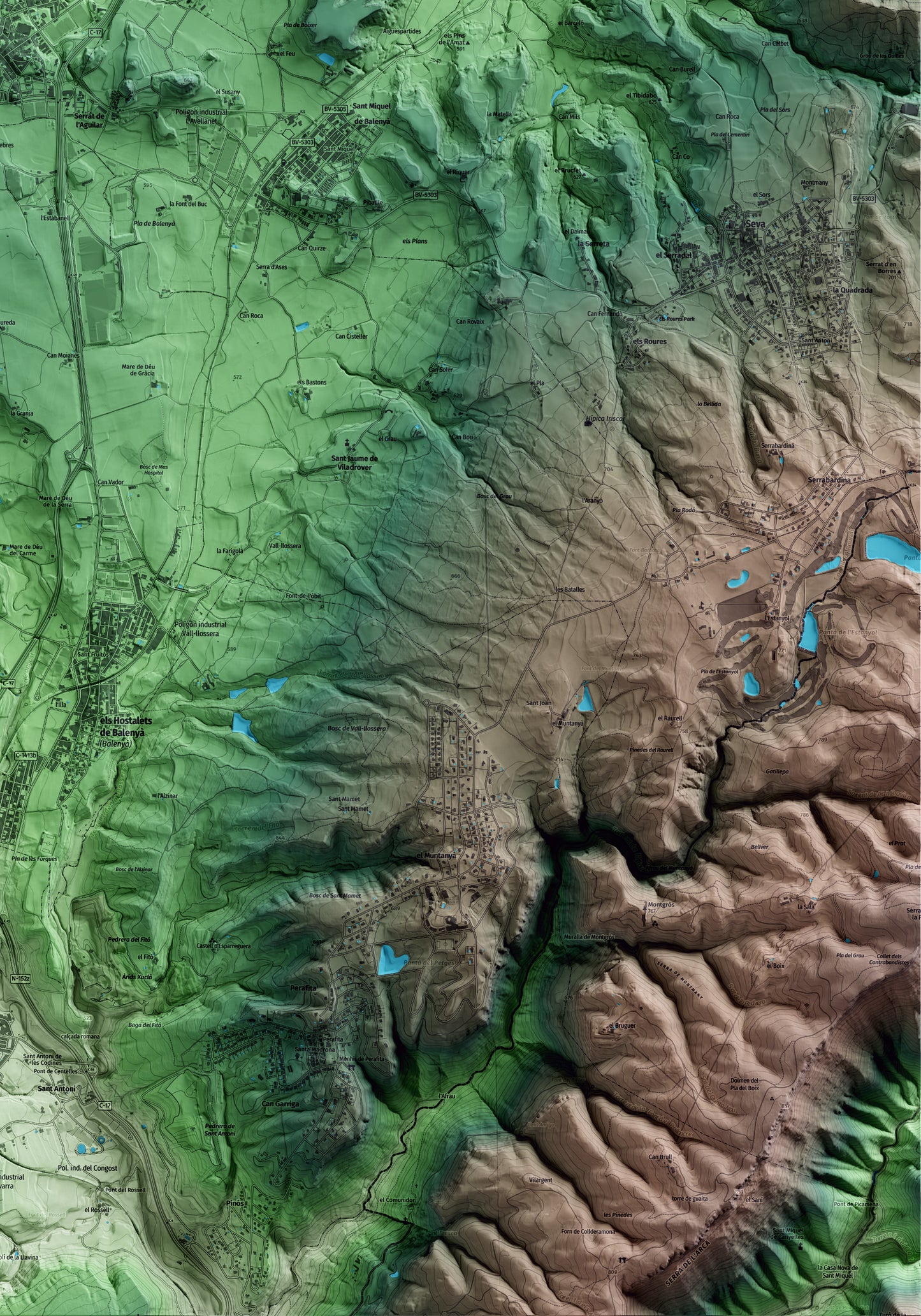 Mapa artístico del relieve de Tona, a Osona, con 15 km de entorno y base topográfica ICGC. Detalle de la zona inferior derecha.