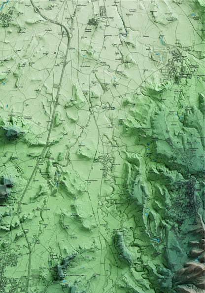 Mapa artístico del relieve de Tona, a Osona, con 15 km de entorno y base topográfica ICGC. Detalle de la zona superior derecha.
